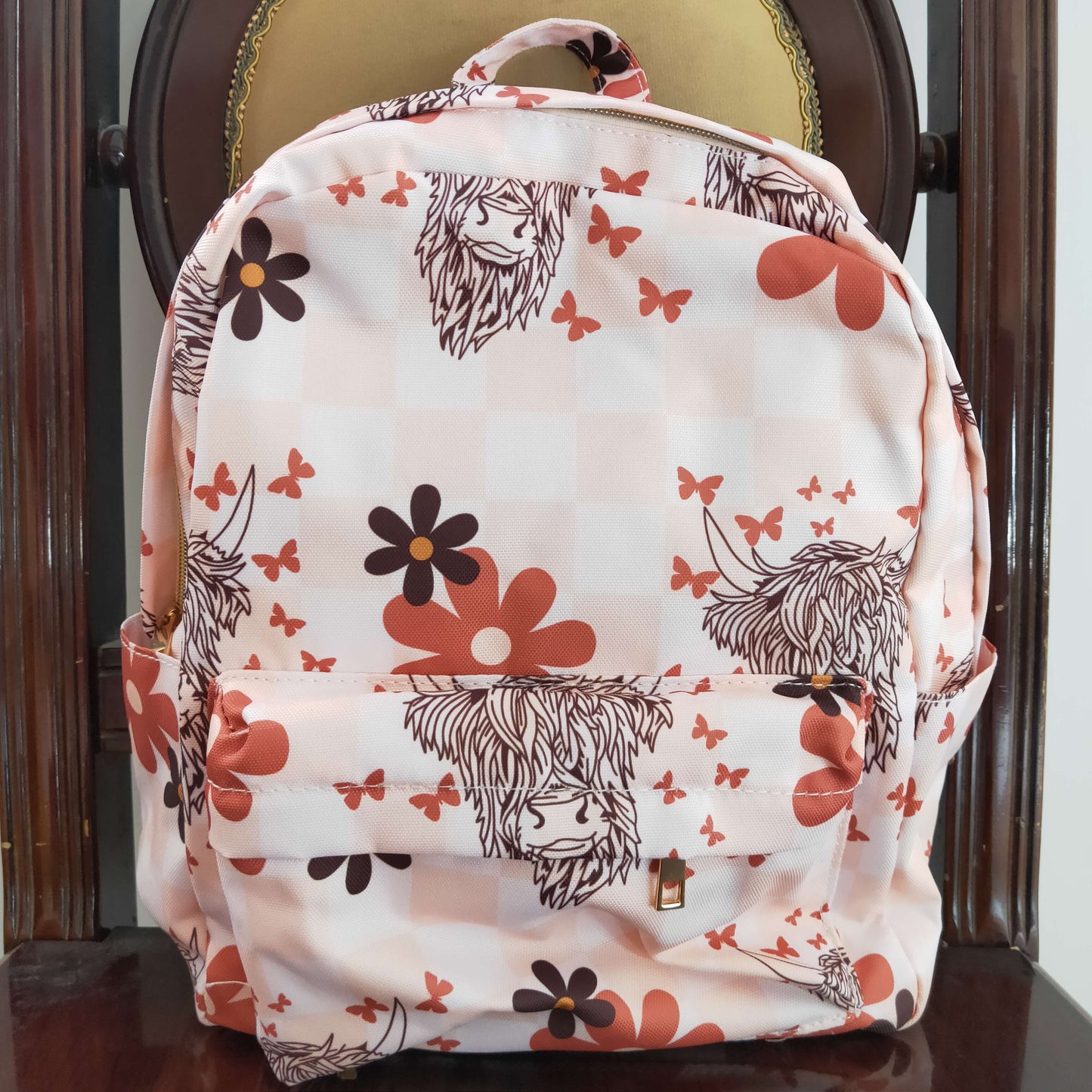 pink flower highland cow shoulder bag mini bag custom backpack