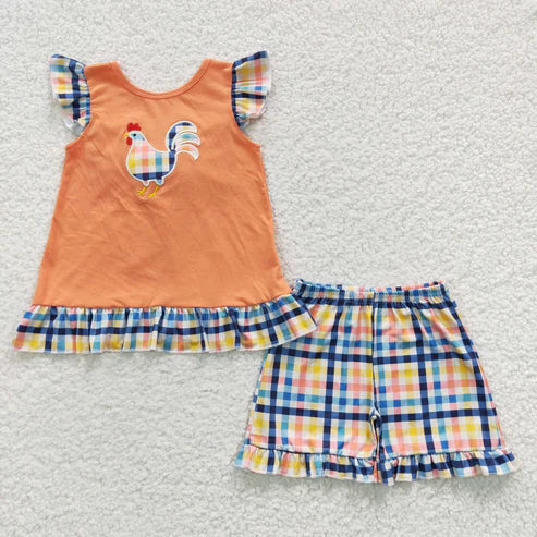 sister brother embroidery chicken 2pcs wholesale boutique sibling clothing set