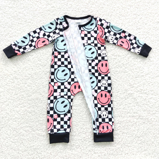 sunshine checkered long sleeve cartoon zip romper