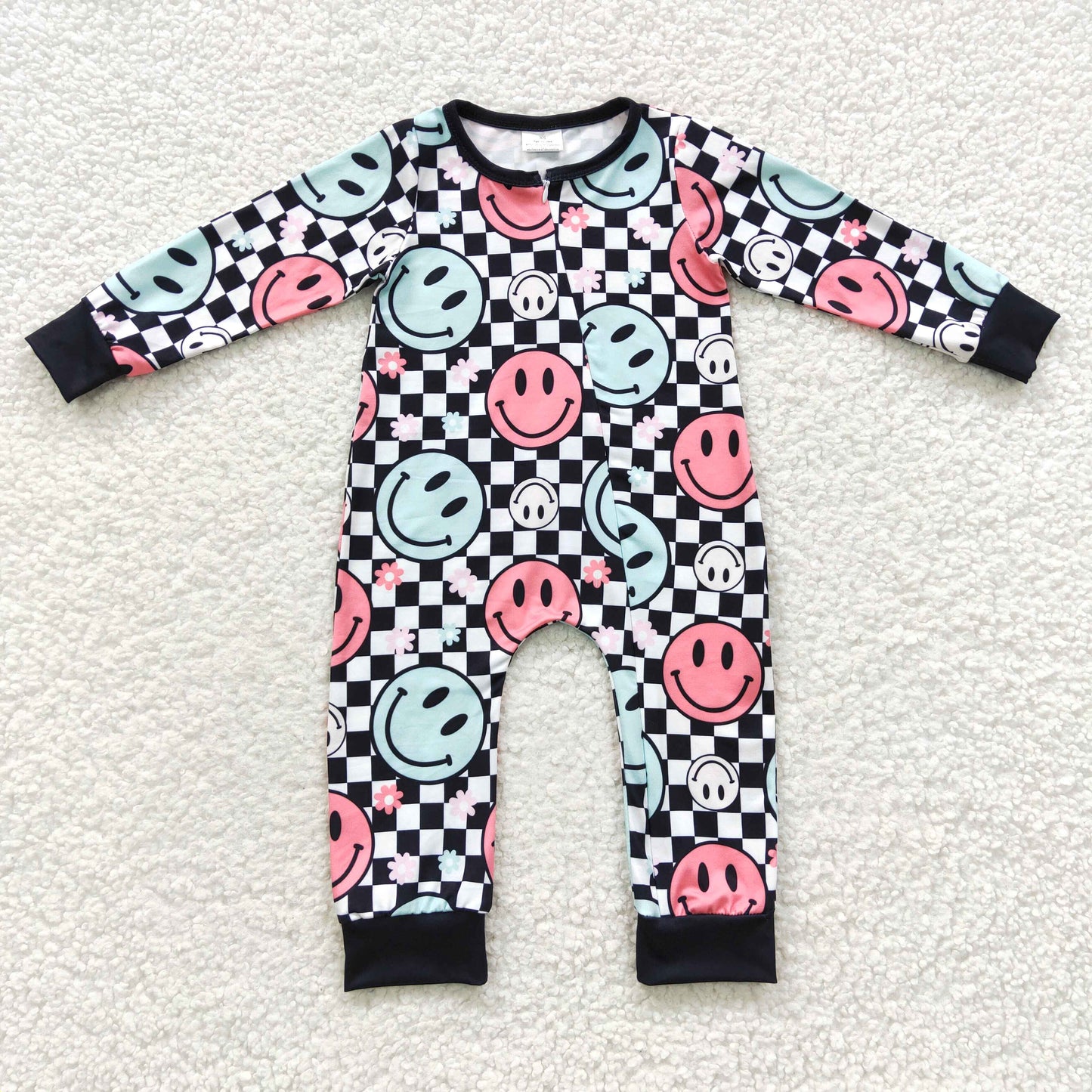 sunshine checkered long sleeve cartoon zip romper