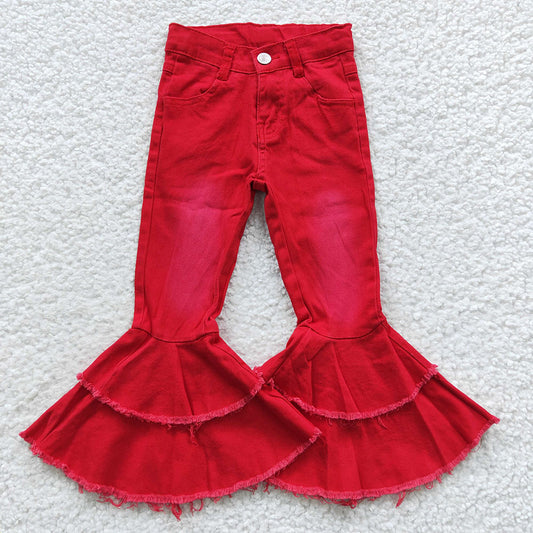 baby girls red bleach  ruffle denim pants wholesale kids clothing