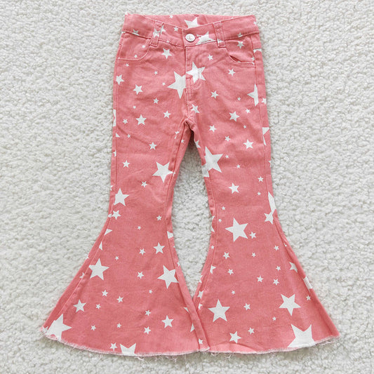 Baby girls pink star print double ruffle denim pants C14-11