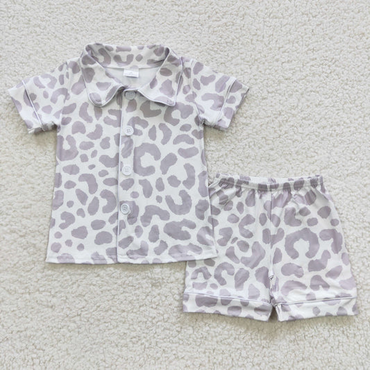 Grey cheetah short sleeve 2pcs pajama sets