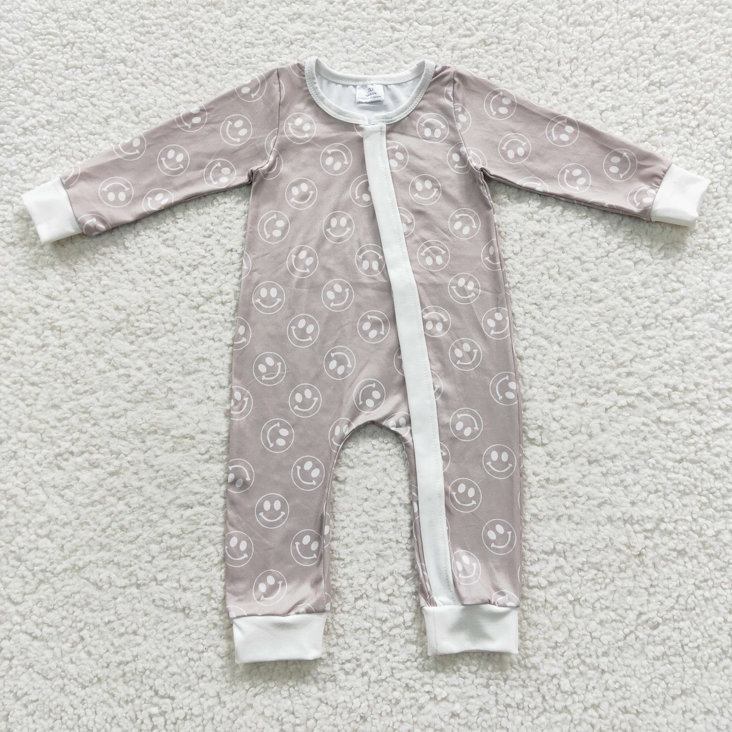 grey sunshine face long sleeve zip romper