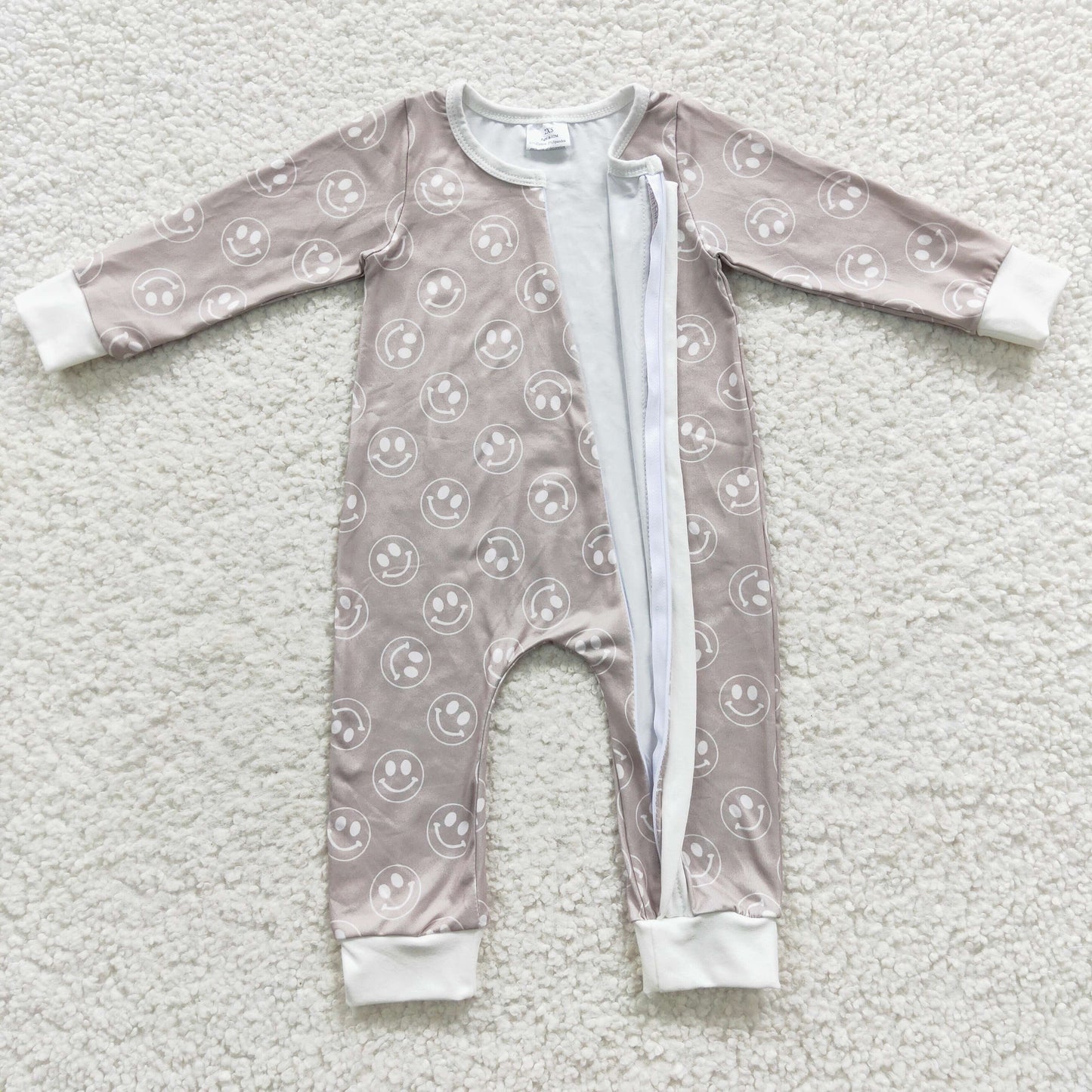 grey sunshine face long sleeve zip romper