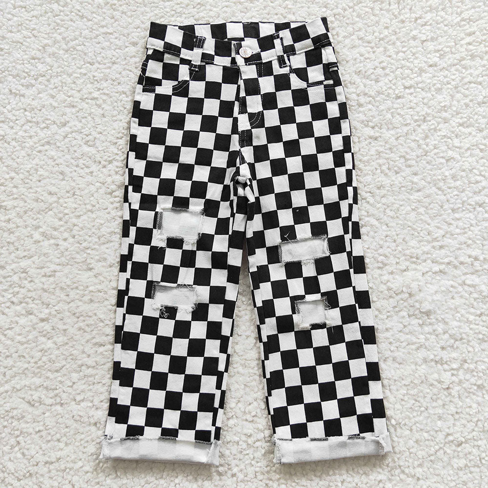 black checkered big hole design denim pants