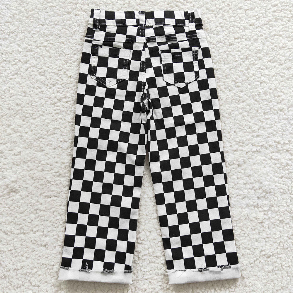 black checkered big hole design denim pants