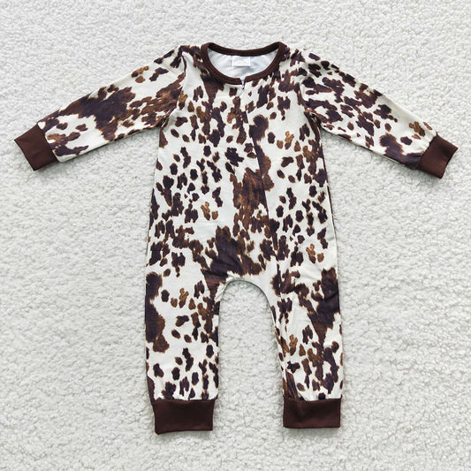 cow print long sleeve  zip romper