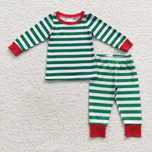 Baby girls green stripes Christmas pajama set