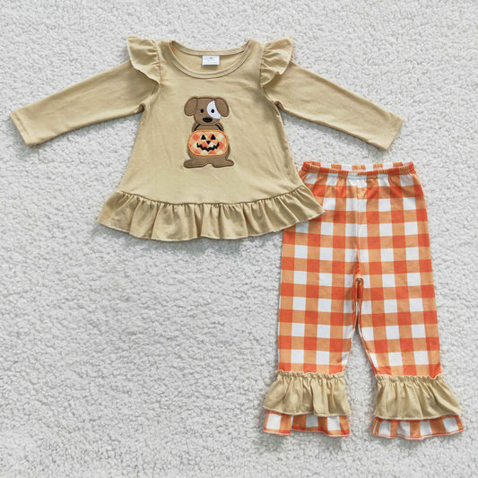 girls embroidery dog pumpkin Halloween clothing set