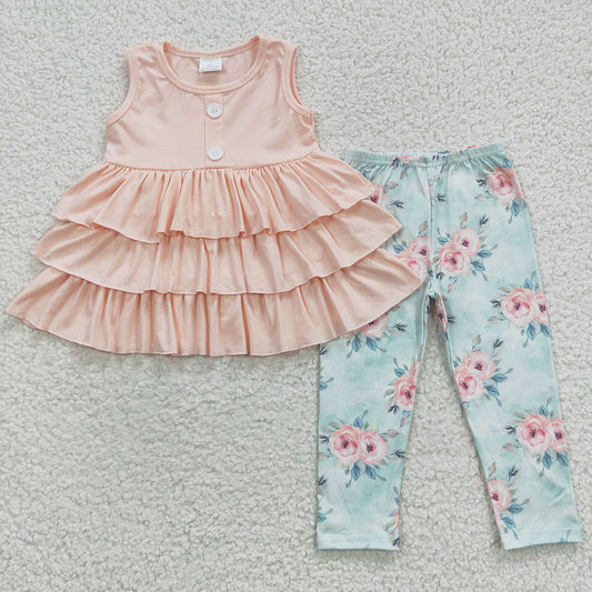 pink ruffle top floral leggings girls wholesale boutique set