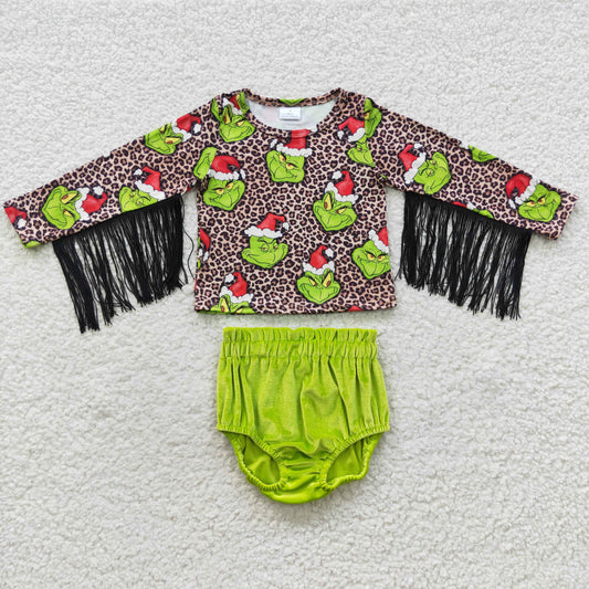 Christmas green face tassel sleeve top green velvet bummies set