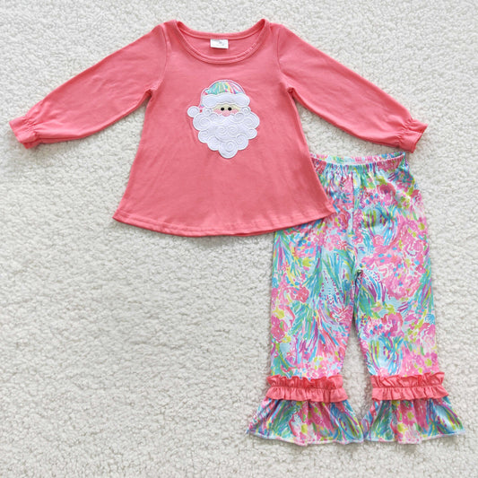 pink Santa Claus long sleeve top floral pants clothing set