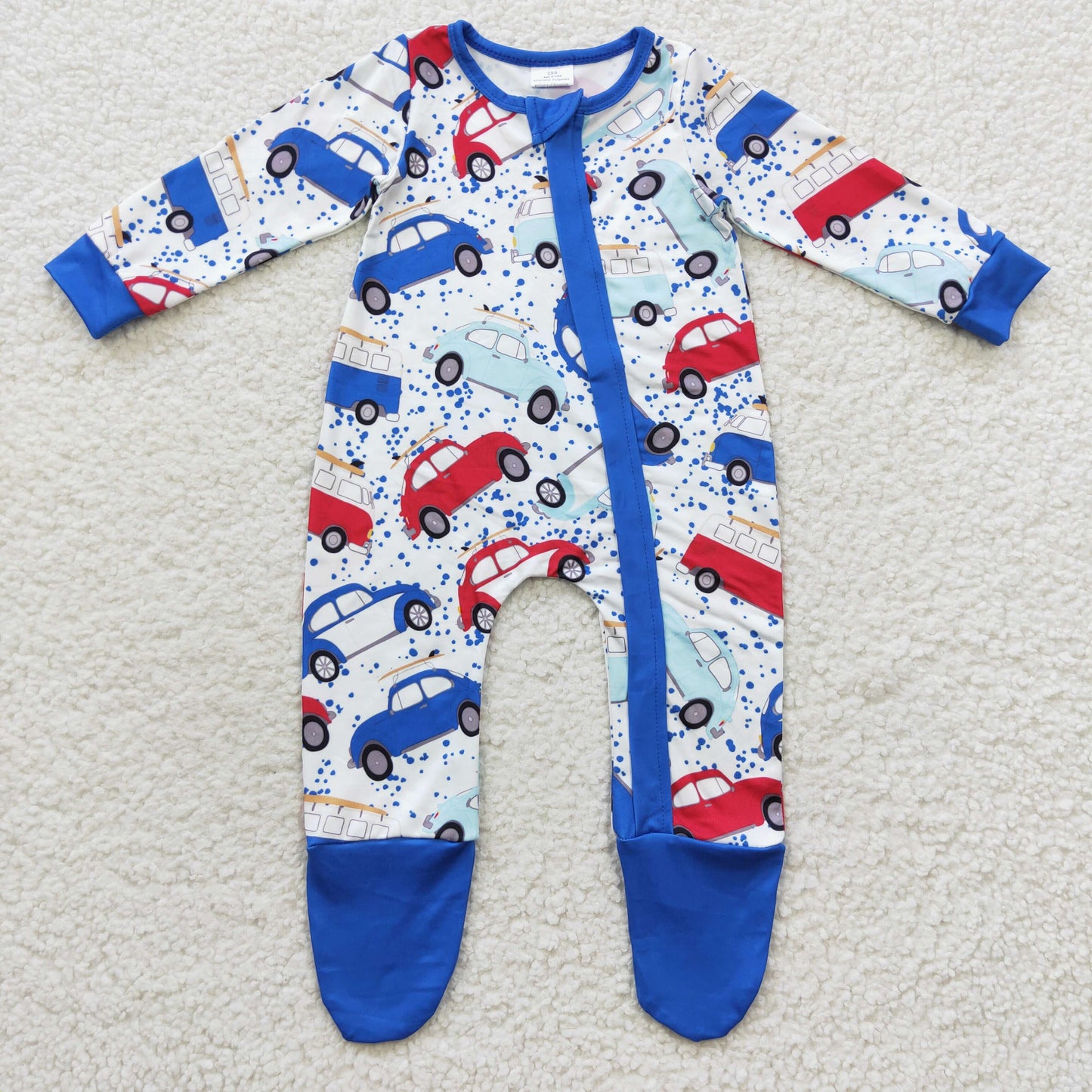 baby boy car print zip footie romper