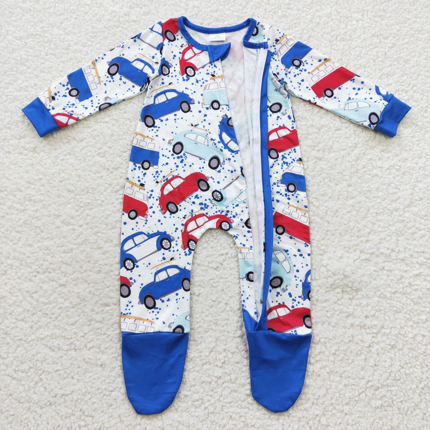 baby boy car print zip footie romper