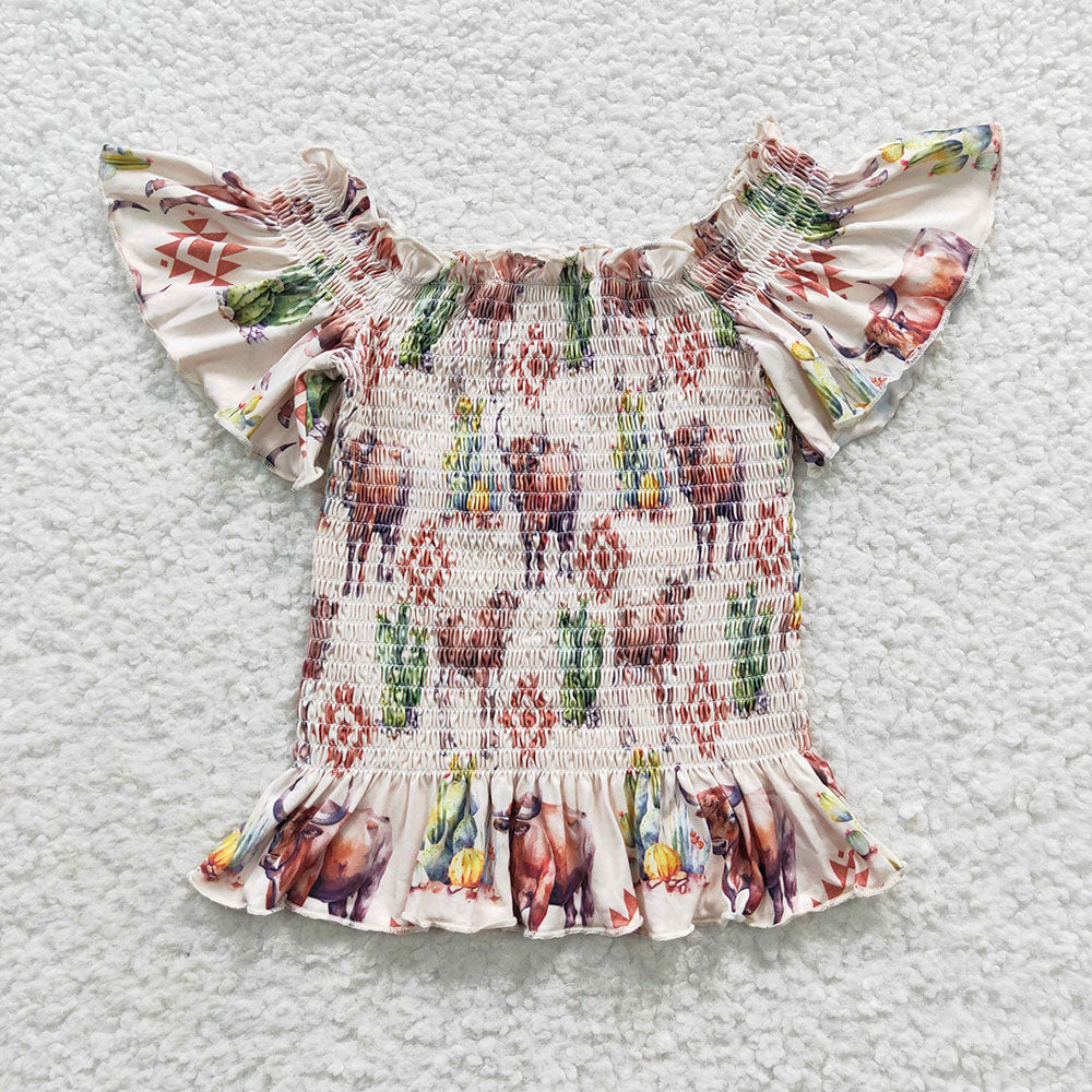 western cow cactus elastic short sleeve smocked top