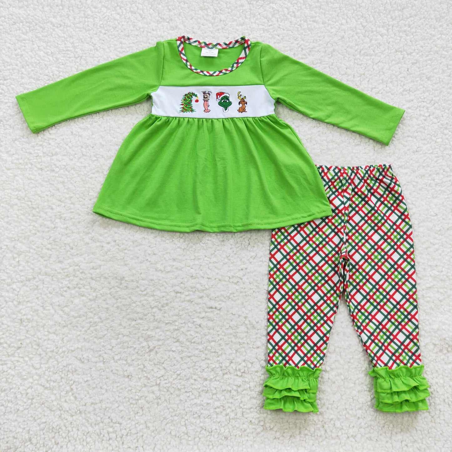 children girls embroidery green cartoon Christmas clothing set