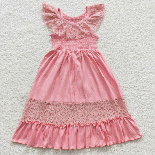 Girls pink lace sleeve smocked dress