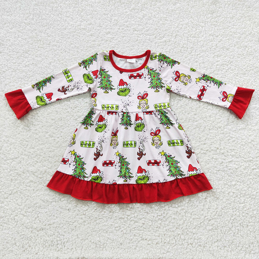 green cartoon Christmas tree long sleeve winter dress