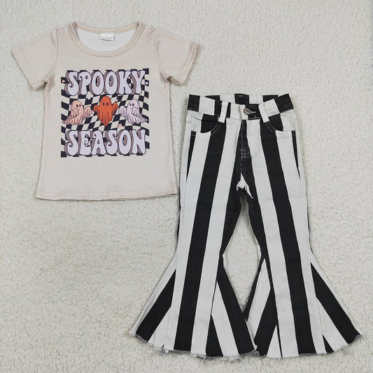 Spooky season top black stripes denim pants clothes set