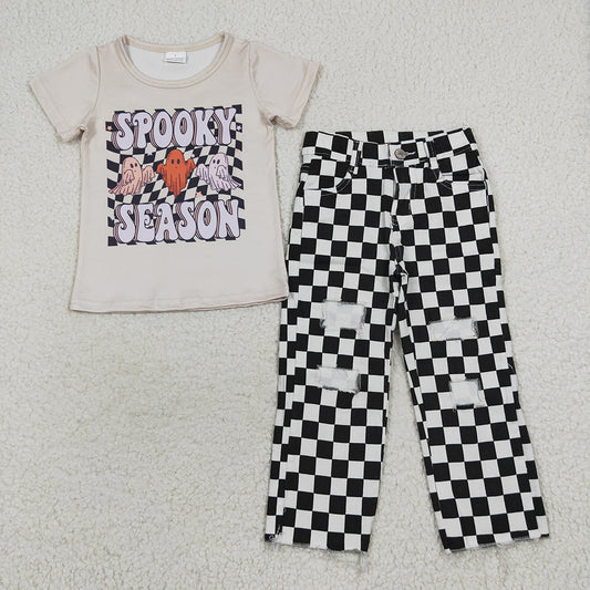 Spooky season top black checkered denim pants clothes set