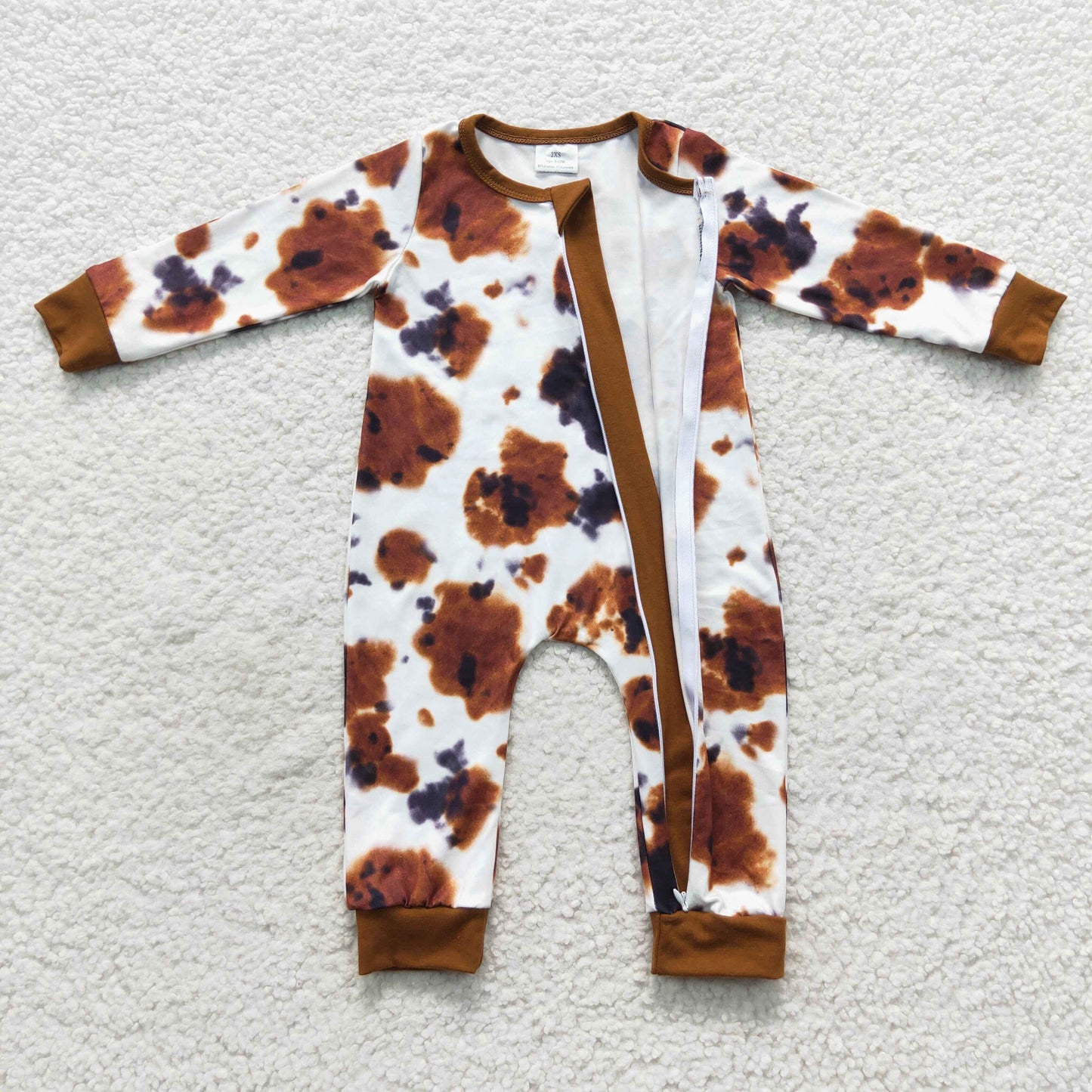 Toddles long sleeve brown cowhide zip romper