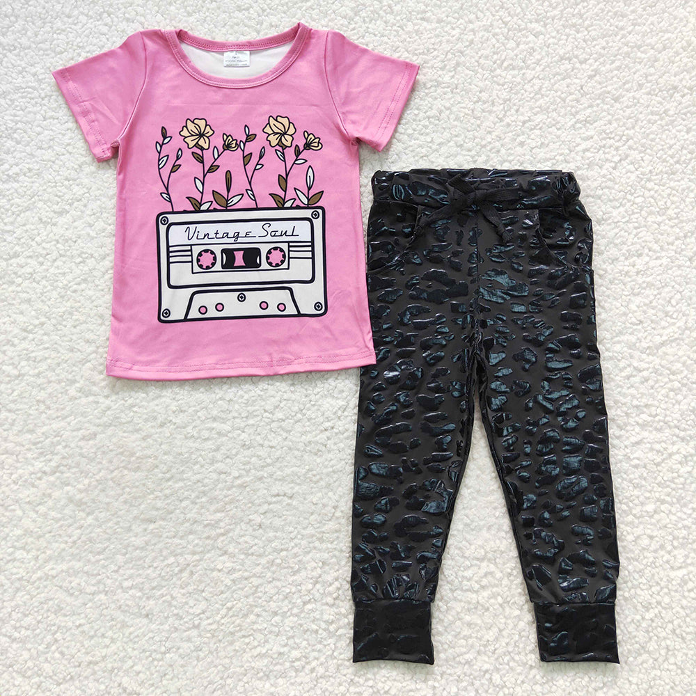 Baby girls flower top black cheetah pu leggings clothes set