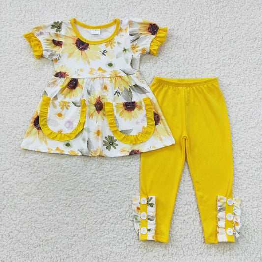 children girls short sleeve sunflower top yellow leggings 2pcs outfit