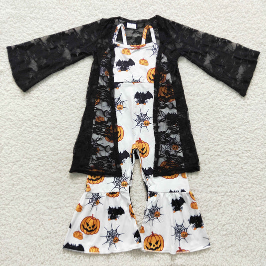 Halloween pumpkin jumpsuit black lace cardigan 2pcs clothes set