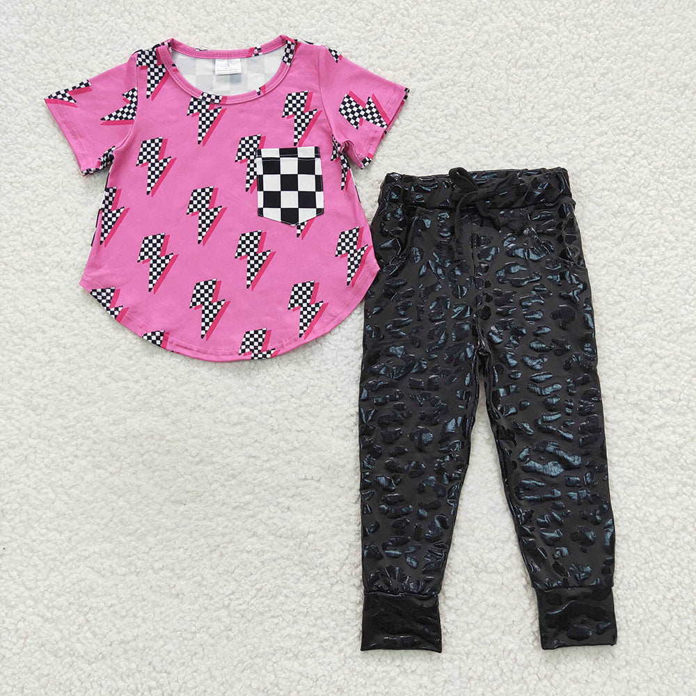 Baby girls boutique top black cheetah pu pants leggings clothes set