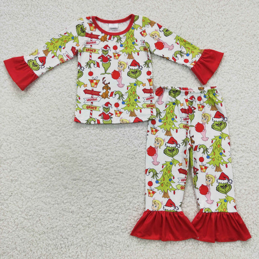 Christmas green face girls long sleeve clothes set