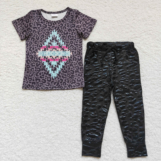 Aztec boutqiue top black cheetah pu leggings clothes set