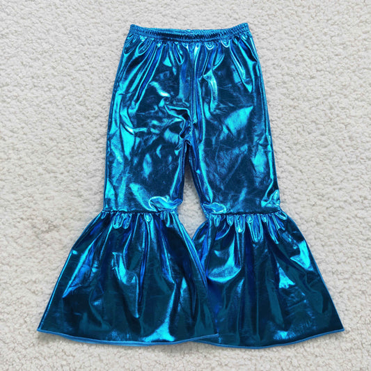 Blue PU Metallic flare pants