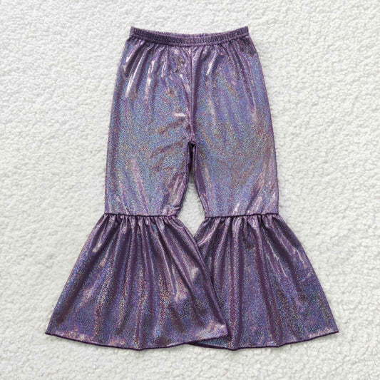 Purple shiny Holographic Flare Pants PU Metallic Pants