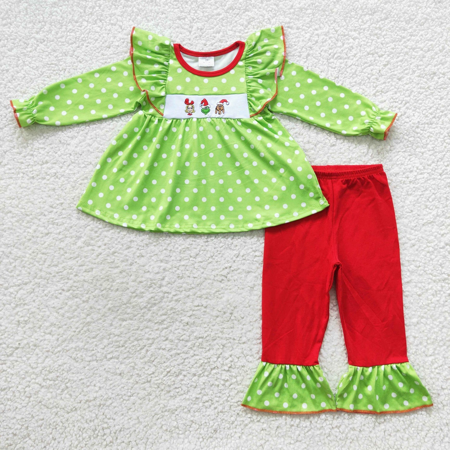 Girls embroidery green cartoon Christmas clothing set