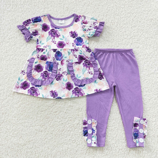 children girls short sleeve floral top lavender leggings 2pcs outfit