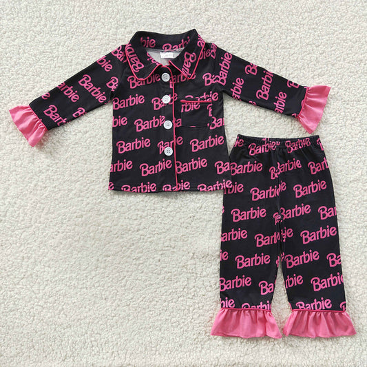 pink doll  long sleeve button up pajama set  wholesale girls clothes set