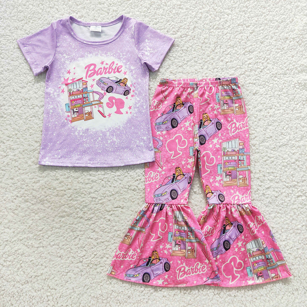 Pink doll design short sleeve top bell bottoms clothes set