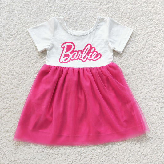 Baby girls cute doll design short sleeve tulle dress