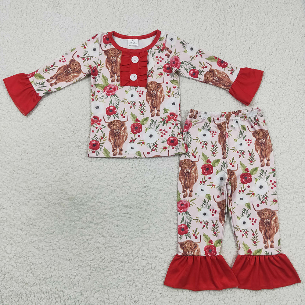 Highland cow girls floral pajama set