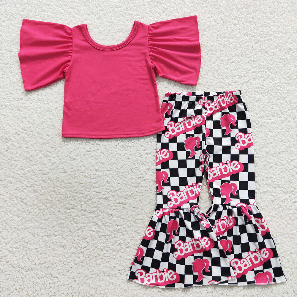 Hot pink sleeve top cartoon doll bell pants clothes set