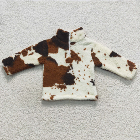 Baby girls brown cow print long sleeve faux fur jacket