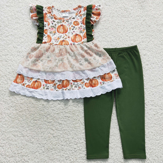 Floral pumpkin lace ruffle top forest green leggings clothes set