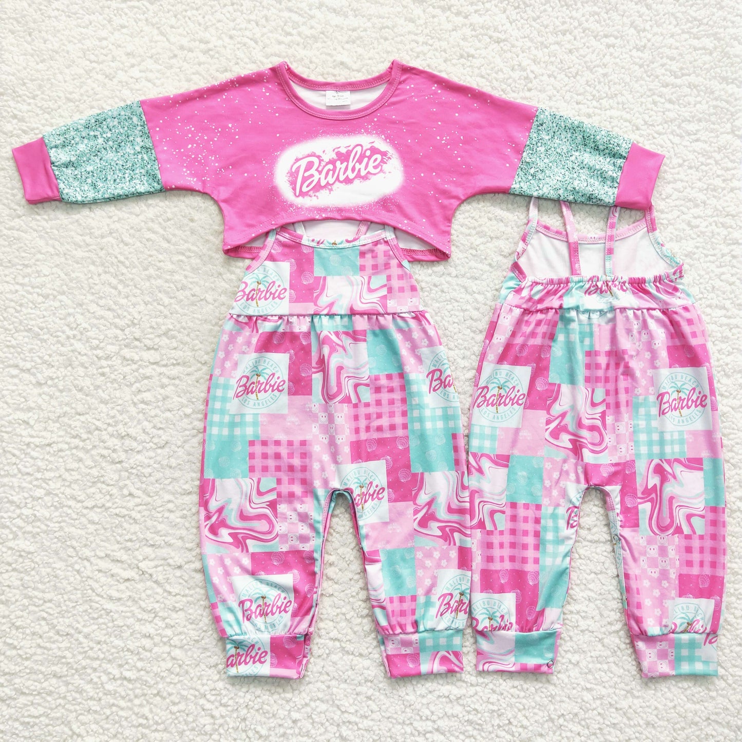 Girls pink doll top matching suspender pants 2pcs clothes set