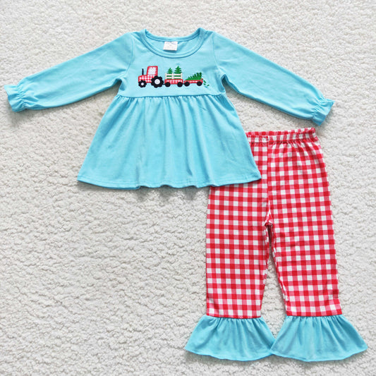 Christmas girls long sleeve tractor tree tunic top matching pants clothing set