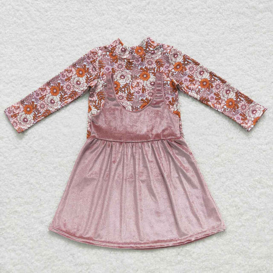 Flower girls top pink velvet dress 2pcs clothe set