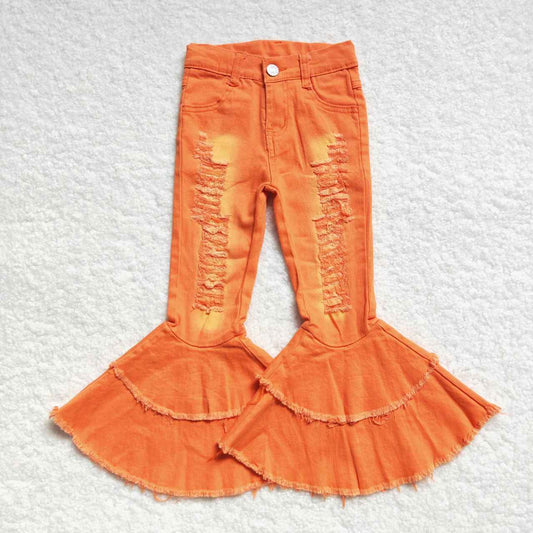 orange distressed double ruffle jeans bell bottoms