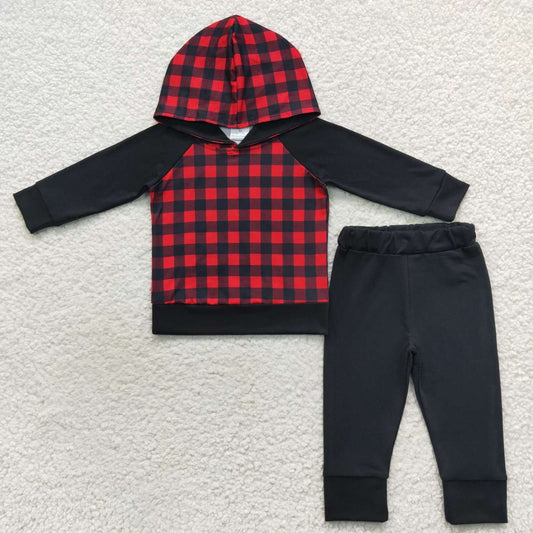 Boy red black plaid long sleeve hoodie top black legging Christmas clothes