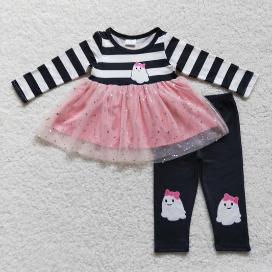 Halloween ghost long sleeve tulle top matching leggings clothes set