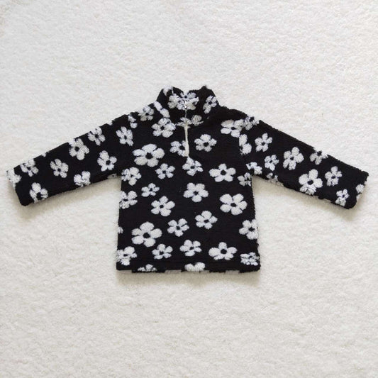 white black flower Sherpa jacket pullover coat